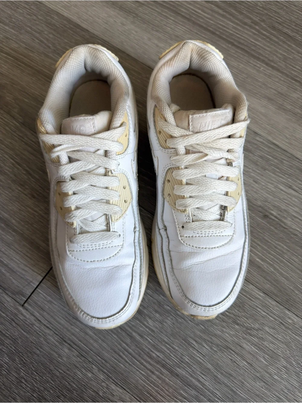 Nike Air Max 90 White/Beige Leather Sneakers  Size 6.5 W/ 5 Y
